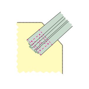 graphic, corner of a body panel with a pleated strap, attached with dotted lines representing a rectangle of stitching where they overlap with an X of stitches connecting the corners of the rectangle